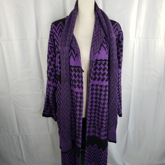 Anthony's Original Purple & Black Midi One Button Built In Scarf Sweater Sz M - Picture 7 of 12